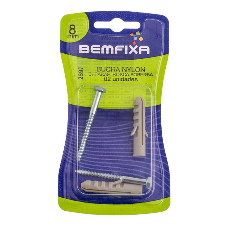 Kit Parafuso Bemfixa Cabeça Sextavada com Bucha Nylon 8mm Cartela 2 Peças 2697