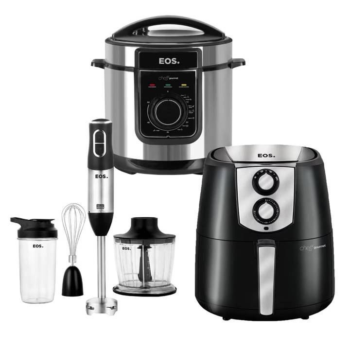Kit Trio Cozinha EOS Fritadeira Air Fryer Sem Óleo Chef Gourmet 4,2 Litros EAF42P + Panela de Pressão Elétrica 5L Multicooker EPP50MI + Mixer 3 Em 1 2 Velocidades 600W EMX02 220V