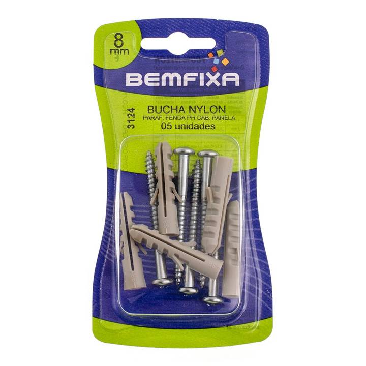 Kit Parafuso Bemfixa Fenda Phillips Cabeça Panela com Bucha Nylon 8mm Cartela 5 Peças 3124