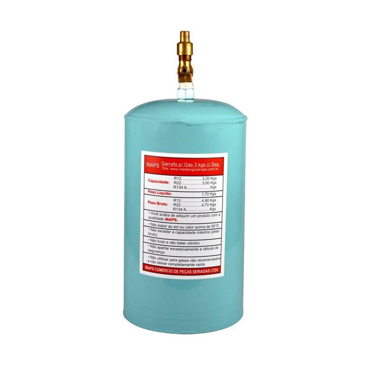Cilindro para Gás Refrigerante R12, R22, R134A 3Kg Com Manopla e Válvula de Segurança